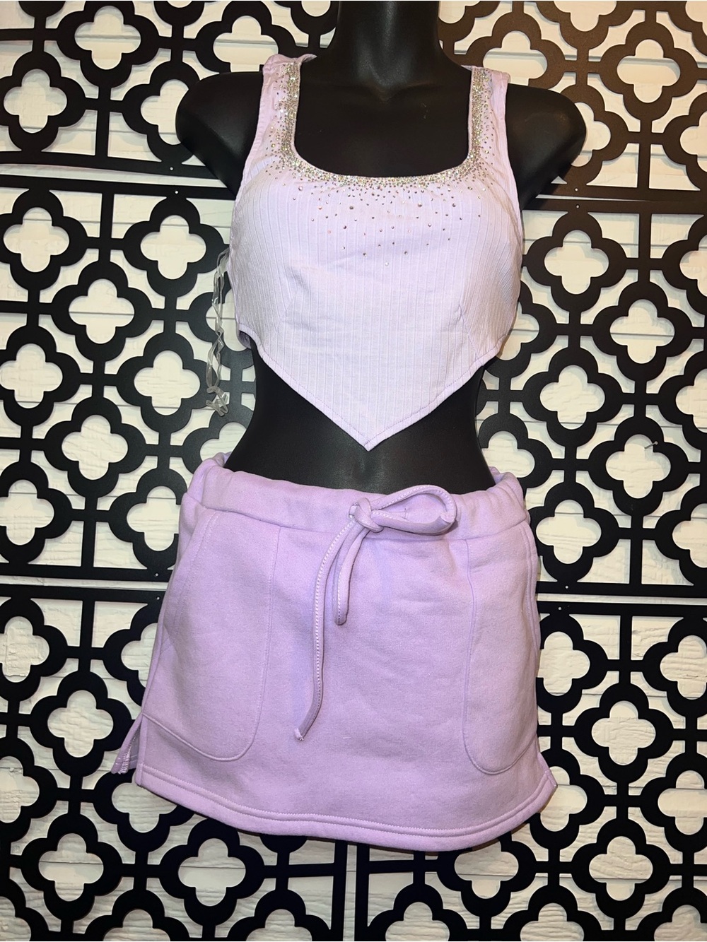 Lilac Women's Casual Knit Mini SweatSkirt & Rhinestone Crop Top Set